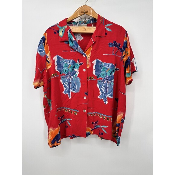 VTG 80s POOL tropical  BRIGHT RED BUTTON ALOHA NOVELTY SHIRT RAYON  Size 1X Pic6 - Picture 2 of 11